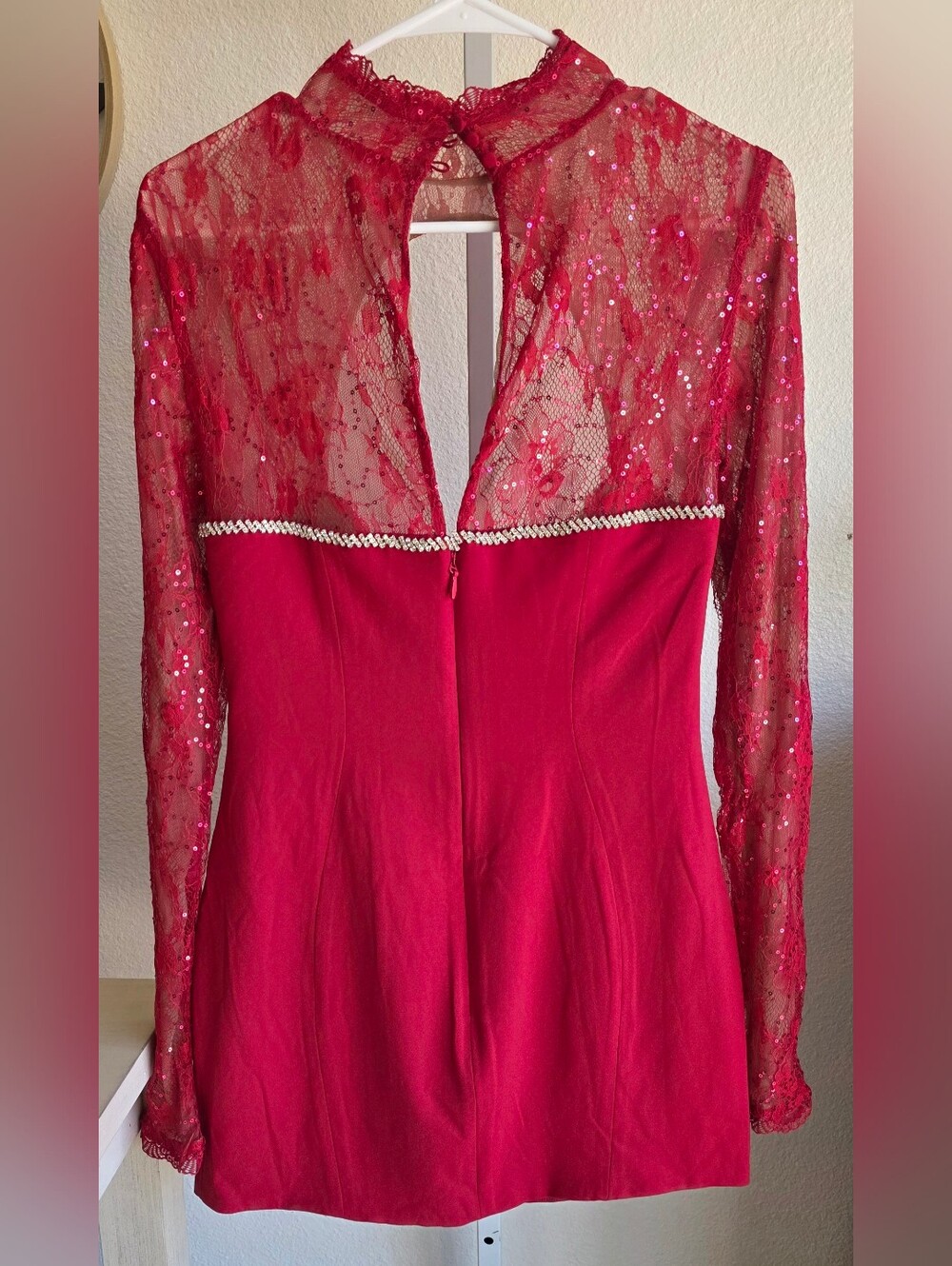 Mistress Rocks Rhinestone-Trim Red Lace Sleeve Bodycon Mini Dress - Picture 8 of 13